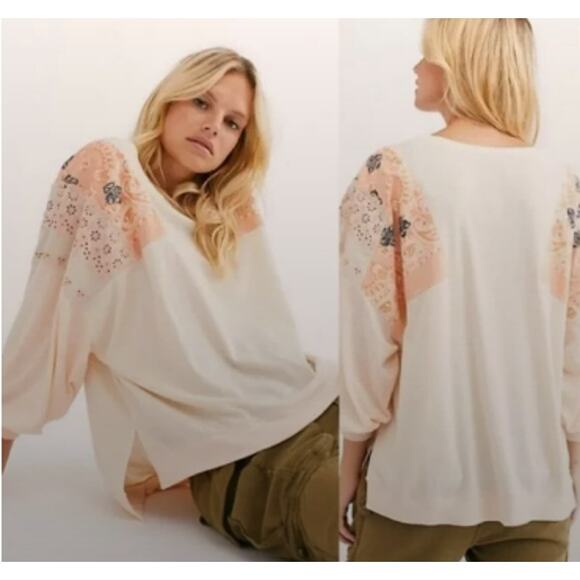 Free people We the Free Women Medium Slouchy Boho Patchwork Top Long Sleeve $80 - Picture 1 of 8